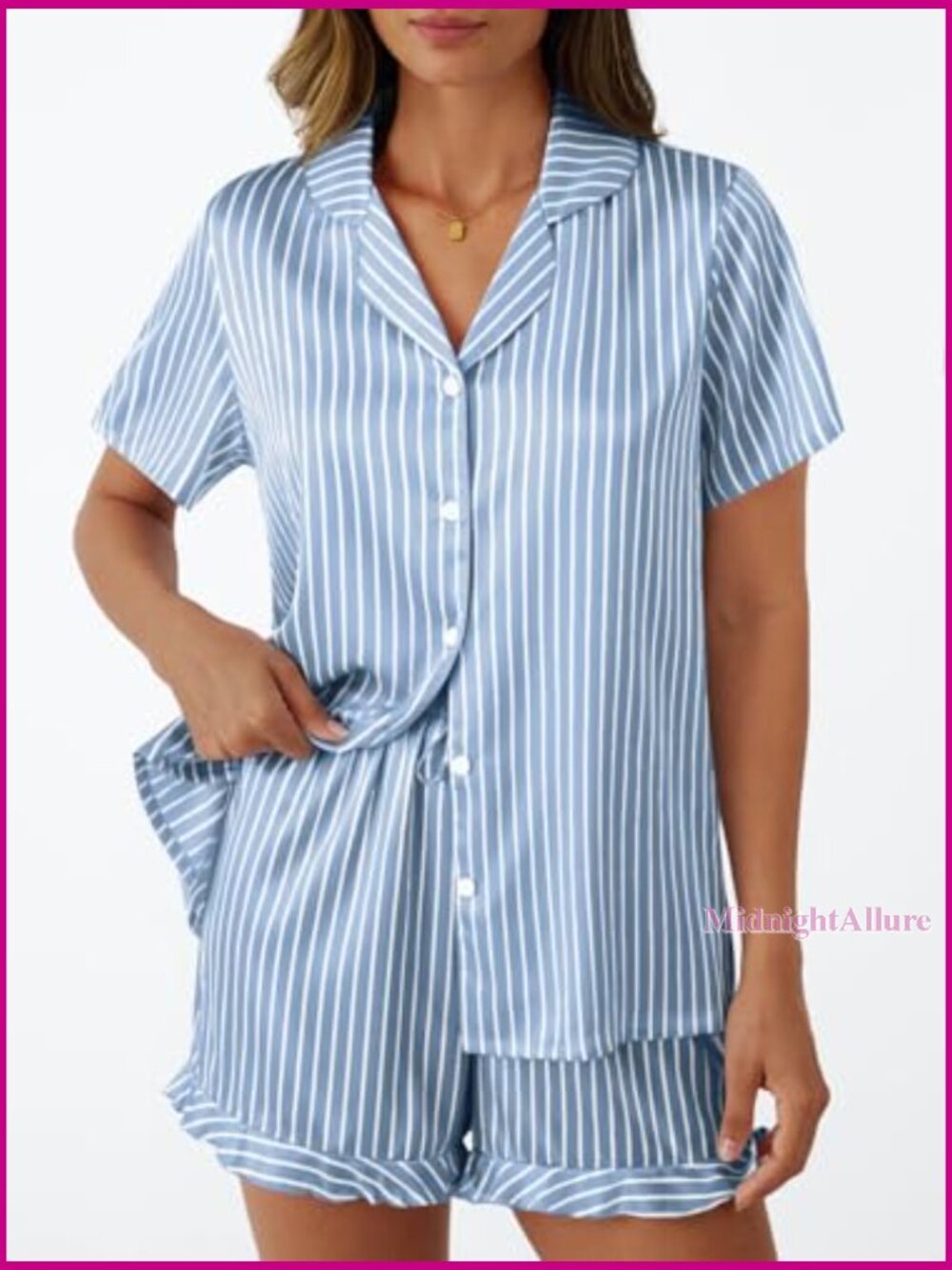 Silk Satin Pajama Set, Short Sleeve Top & Shorts, Lounge Sleepwear - Picture 2 of 6